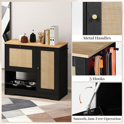 Rovibek Dog Food Storage Cabinet with 2 Raised Dog Bowls, Pet Food Cabinet Feeding Station with Tilt Out Storage Cabinets, Pet Feeding Station for 2 Dogs, Black