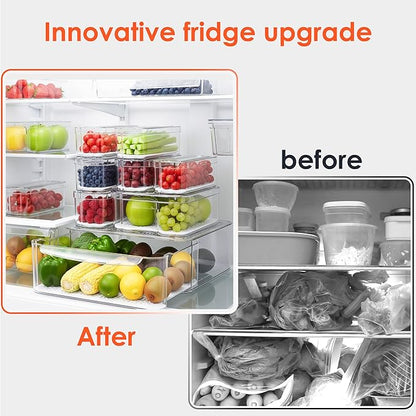 Fridge Organizers and Storage, 8 Pack Clear Freezer Organizer Bins with Lids for Kitchen, Pantry, Refrigerator, Food, Fruit, Vegetable Storage (8 Bins (Include Pull-out Drawer))