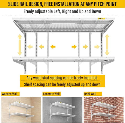 2 Tier 1.3x3ft Garage Shelving Wall Mounted, 15.6x36inch per Shelf Height Cassette Adjustable Floating Shelves, (White)