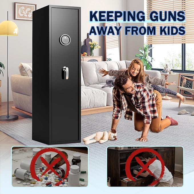 Marcree Biometric Gun Safe, 5-7 Quick Access Rifle Safe with Inner Lock Box, Shotgun Safe with Digital Keypad, Assembled Gun Cabinet with Removable Shelf for Home Bedroom, LED Light, Fingerprint Lock