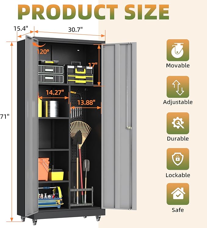 Metal Garage Storage Cabinet with Wheels, Locking Broom Closet Storage Cabinet with Adjustable Shelves, 71" H Tool Cabinet for Utility Room, Workshop, Warehouse