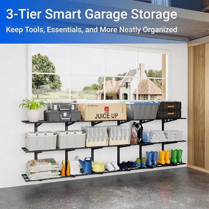 FLEXIMOUNTS 3-Tier 1x3ft Garage Storage Wall Shelving, 12x36inch per Shelf Height Adjustable Floating Shelves, Heavy Duty Wall Mounted Shelve, 600lbs Weight Capacity, Black, Classic Series