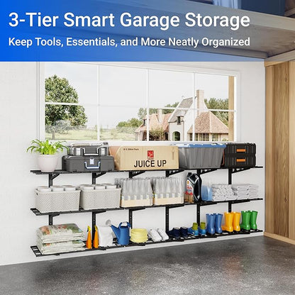 FLEXIMOUNTS 3-Tier 1x3ft Garage Storage Wall Shelving, 12x36inch per Shelf Height Adjustable Floating Shelves, Heavy Duty Wall Mounted Shelve, 600lbs Weight Capacity, Black, Classic Series