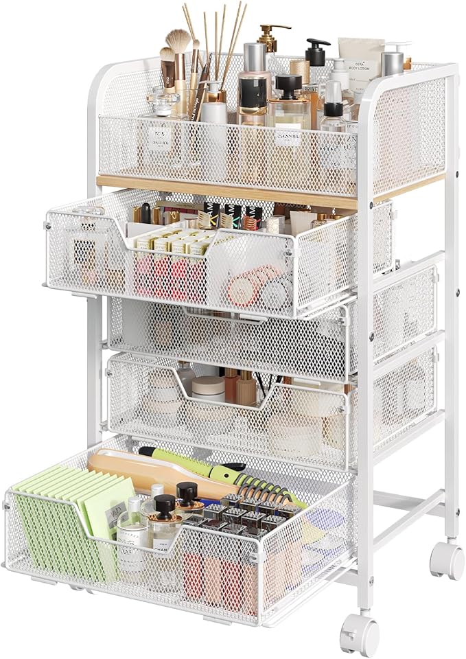 Makeup Cart Organizer with 4 Drawers, Large Floor Skincare Organizers, Vanity Storage Organizer Cosmetics Display Cases for Skin Care Perfume Nail Polish, White