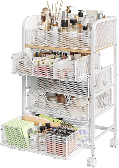 Makeup Cart Organizer with 4 Drawers, Large Floor Skincare Organizers, Vanity Storage Organizer Cosmetics Display Cases for Skin Care Perfume Nail Polish, White