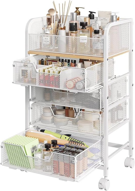 Makeup Cart Organizer with 4 Drawers, Large Floor Skincare Organizers, Vanity Storage Organizer Cosmetics Display Cases for Skin Care Perfume Nail Polish, White
