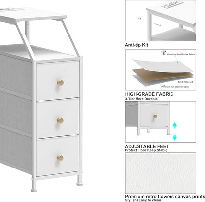 Tohomeor Narrow Dresser Tall Skinny Storage Tower Vertical Slim Chest of Drawers with Charging Station Small Nightstand Side Table for Bedroom, Bathroom, Small Spaces (White, 3 Drawers)