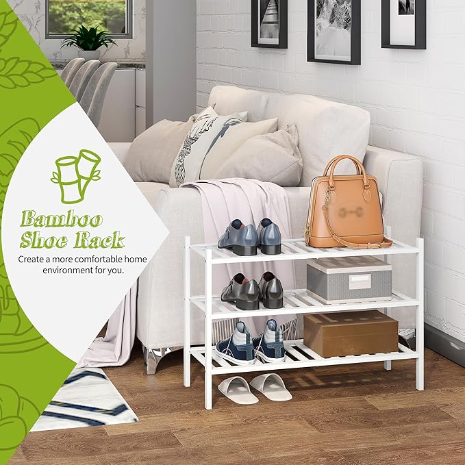 BMOSU 3-Tier Bamboo Shoe Rack Premium Stackable Shoe Shelf Storage Organizer for Hallway Closet Living Room Entryway Organizer(White Bamboo)