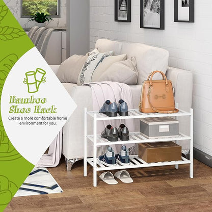 BMOSU 3-Tier Bamboo Shoe Rack Premium Stackable Shoe Shelf Storage Organizer for Hallway Closet Living Room Entryway Organizer(White Bamboo)
