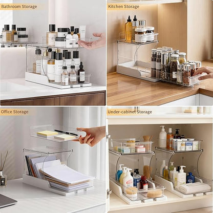 Attelite 2 Tier Pull Out Cabinet Organizer with 180° Rotating & Foldable Design, 2 Pack Sliding Drawers for Kitchen & Bathroom Storage, Fits Under Sink, Pantry, Cabinet