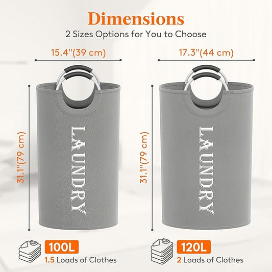 Lifewit 100L 2-Pack Large Laundry Basket, Collapsible Laundry Hamper with Aluminum Handles, Waterproof Freestanding Dirty Clothes Hampers for Laundry Room Bedroom Dorm Bathroom, Silver Grey