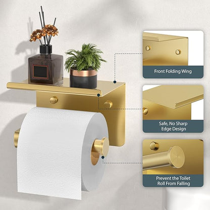 FORIOUS Toilet Paper Holder with Shelf, Adhesive or Screw Wall Mount Toilet Paper Roll Holder for Bathroom, 304 Stainless Steel Commercial Toilet Tissue Roll Dispenser with Phone Shelf (Brushed Gold)
