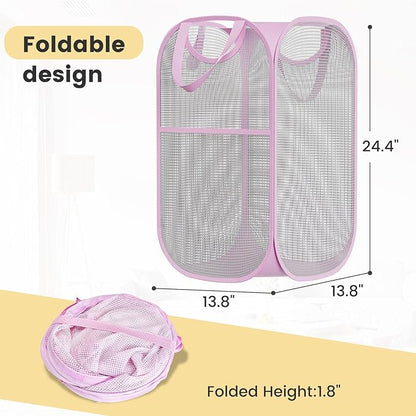 2 Pack Strong Mesh Pop-up Laundry Hamper, Quality Pop Up Hampers for Laundry with Durable Handles Solid Bottom High Carbon Steel Frame, Easy to Open and Fold Flat for Storage(Light Pink)