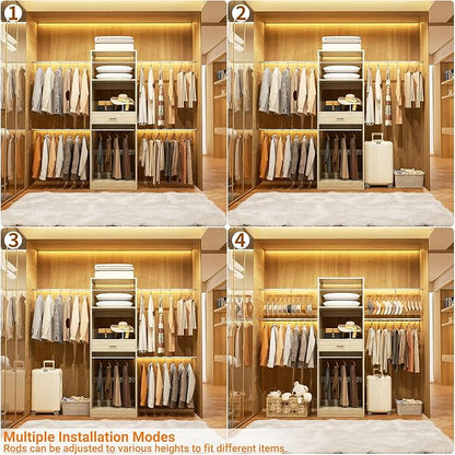 Unikito 96” Closet System, 8FT Walk in Closets Organizer Kit with 4 Extendable Hanging Rods and Drawer, Adjustable Wood Garment Rack, Sturdy Closet Insert, Easy Assembly, Max Load 1000 LBS, White Oak