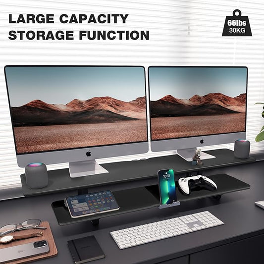 Dual Monitor Stand, 2-Tier Wood Monitor Riser with Storage Organizer and Cable Management, Black