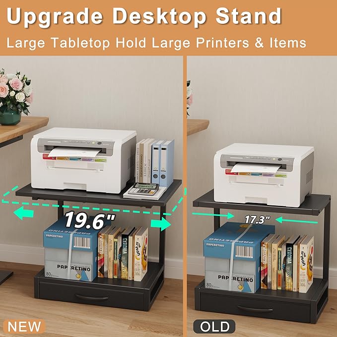 YAOHUOO 2-Tier Desktop Printer Stand with Fabric Drawer, Prtiner Table with Storage Shelf, Desk Organizer for Home Office,3D Printer,Fax Machine,Scanner, 19.6"x14.9" Black