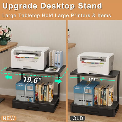 YAOHUOO 2-Tier Desktop Printer Stand with Fabric Drawer, Prtiner Table with Storage Shelf, Desk Organizer for Home Office,3D Printer,Fax Machine,Scanner, 19.6"x14.9" Black