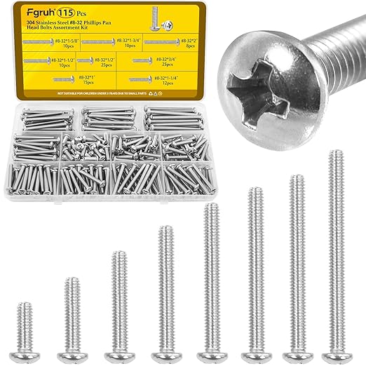 115PCS #8-32 Machine Screws, #8-32 x 1/2", 3/4", 1",1-1/4", 1-1/2", 1-5/8", 1-3/4", 2" Phillips Pan Head Screws Bolts Assortment Kit, 304 Stainless Steel Bolt for Electrical Wall Plate Switch