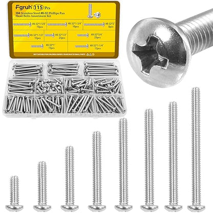 115PCS #8-32 Machine Screws, #8-32 x 1/2", 3/4", 1",1-1/4", 1-1/2", 1-5/8", 1-3/4", 2" Phillips Pan Head Screws Bolts Assortment Kit, 304 Stainless Steel Bolt for Electrical Wall Plate Switch