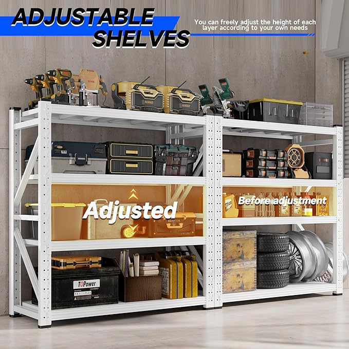 59" W Garage Storage Shelves,3000LBS Garage Shelving Heavy Duty Adjustable Shelving Unit,4 Tier Metal Utitly Shelves Industrial Shelving for Warehouses,Basement,White