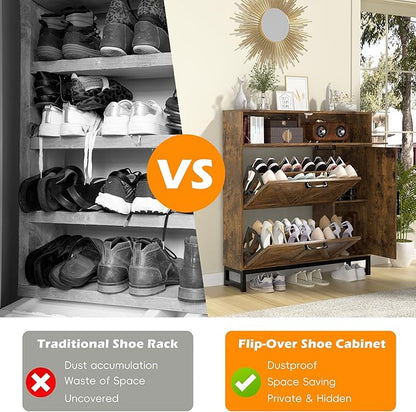 Betterhood Shoe Cabinet for Entryway with 2 Flip Drawers, Slim Freestanding Shoe Rack Organizer, Entryway Shoe Cabinet with Open Storage for Foyer and Hallway (Brown)