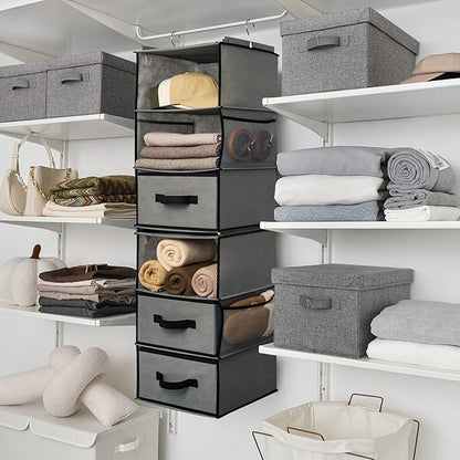 GRANNY SAYS 6-Shelf Hanging Closet Organizer, Separable to 2 Pack 3-Shelf, Closet Organization and Storage with 3 Different Drawers, 4 Side Pockets Wardrobe Clothes Organizer, Gray, 1-Pack