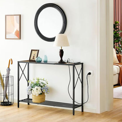 Tajsoon Console Table with Charging Station, 41.8" Entryway Table with Shelves, 2-Tier Narrow Sofa Table, Long Behind Couch Table, for Entryway, Foyer, Living Room, Hallway, Brown & Black