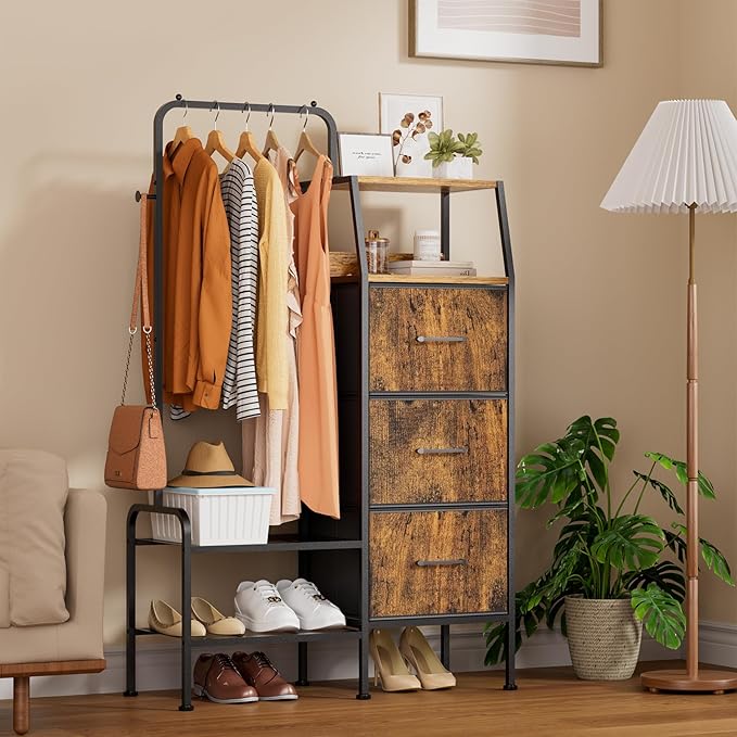 SWTYMIKI Dresser with Hanging Rack - 3 Fabric Drawers Kids Dresser for Bedroom - Reversible Tall Storage Tower, Small Space Clothes Storage Organizer Cabinet for Apartment, Dorm 49.21''H, Espresso
