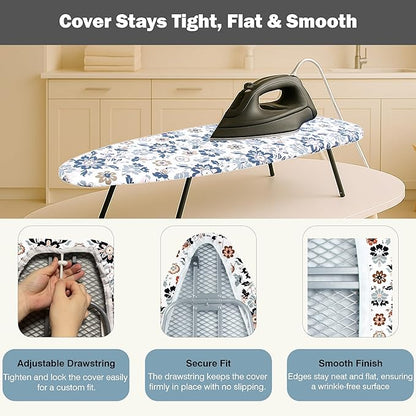 Small Ironing Board Cover and Pad 12.5"x30" Small Iron Board Cover with Padding,Tabletop Mini Ironing Board Cover and Pad Small Size, Cotton Canvas, Heat Resistant, Drawstring Floral