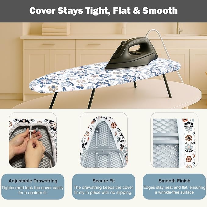 Small Ironing Board Cover and Pad 12"x32" Small Iron Board Cover with Padding,Tabletop Mini Ironing Board Cover and Pad Small Size, Cotton Canvas, Heat Resistant, Drawstring Floral