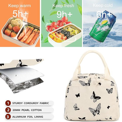 Bluboon Lunch Bag for Women Men Cute Corduroy Lunch Tote Bags Reusable Insulated Lunch Box Large Capacity Reusable Insulated Cooler for Work Picnic or Travel