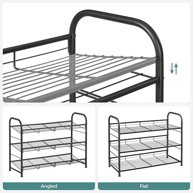 SONGMICS Shoe Rack, 3 Tier Shoe Organizer for Closet, Holds up to 12 Pairs of Shoes, Shoe Rack for Front Door Entrance, Metal Shoe Shelf with Adjustable Tilt Angle, for Entryway, Garage, Black
