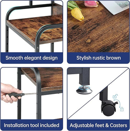 Printer Table Stand with Height Adjustable Shelf, 3 Tier Rolling Printer Cart with Wheels for Home Office Storage and Organization, Industrial Style