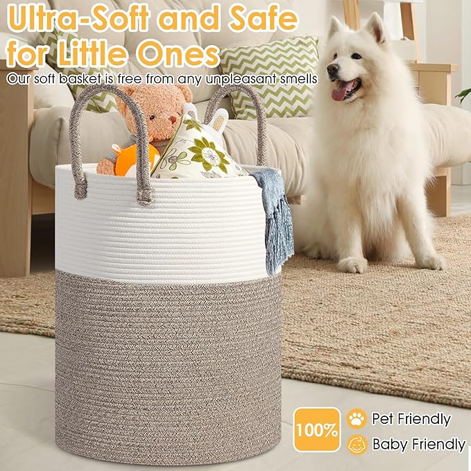 Large Woven Laundry Basket Hamper, 60L Cotton Rope Storage Basket for Blankets in Living Room, Decorative Tall Nursery Hamper for Clothes and Toys, White and Brown