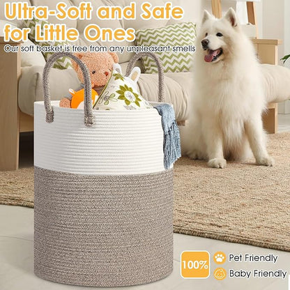 Large Woven Laundry Basket Hamper,100L Cotton Rope Storage Bin for Blankets,Toys and Clothes，Decorative Tall Blanket Basket for Living Room,Baby Nursery Hamper,Baby Storage Basket,Brown/White
