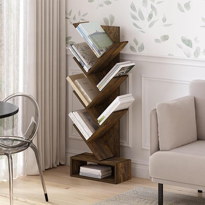 Furinno Tree Book Shelf, 7-Tier Bookshelf, Tree Bookcase with Bottom Shelf, 8.4 x 16.9 x 46.2, for Living Room, Bedroom, Home Office, Amber Pine