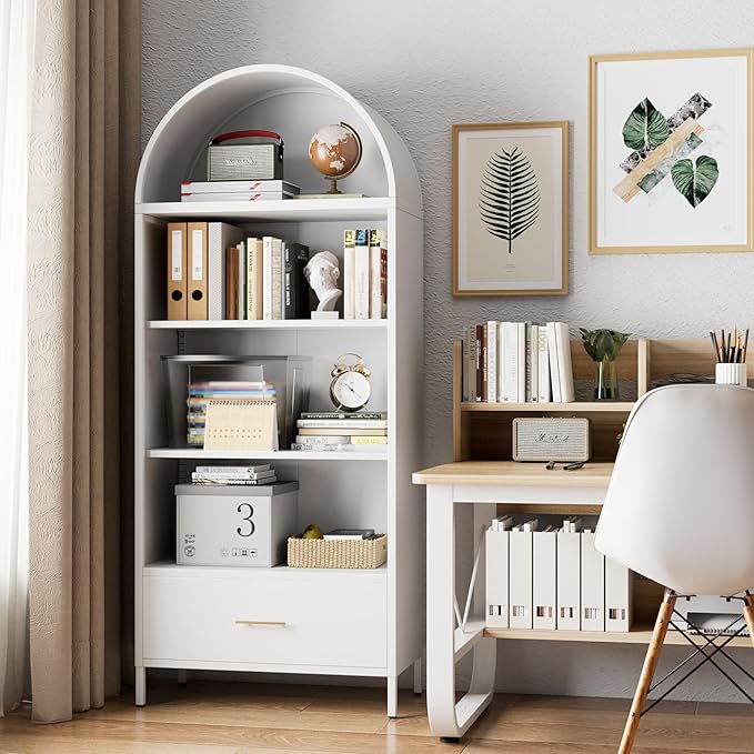Metal White Arched Bookcase with 2 Adjustable Shelf, Arched Bookshelf with Drawer for Home Office Living Room,Required Assembly