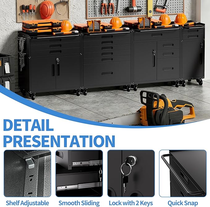 Metal Garage Storage Cabinet with Wheels, Rolling Tool Cabinet with 4 Drawers and 1 Door, Heavy Duty Tool Cabinet with Workbench, Assembly Required, Black