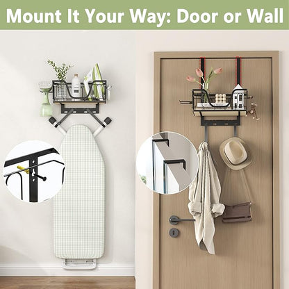 Ironing Board Hanger, CUFURNIX 2-in-1 Wall-Mount & Over-Door with Large Basket & Side Hooks, Black, Fits T&Y Shaped Legs, Space Saving Iron Holder for Laundry, Sewing Room Decor and Accessories