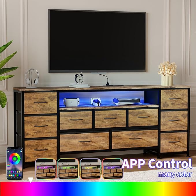 11 Drawer Dresser for with Power Outlets and LED Lights, 63 Inch TV Stand for 65, 70 Inch TV, Entertainment Center with Storage, Wide Chest of Drawers with Open Shelves for Living Room, Bedroom