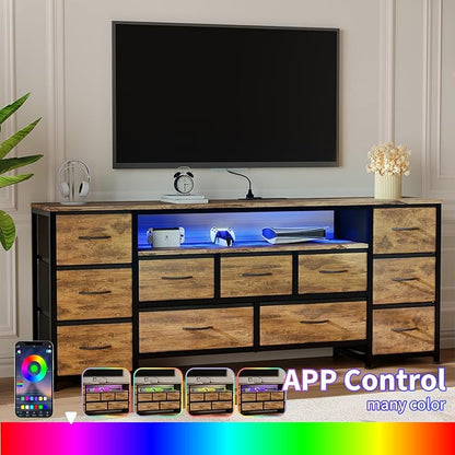 11 Drawer Dresser for with Power Outlets and LED Lights, 63 Inch TV Stand for 65, 70 Inch TV, Entertainment Center with Storage, Wide Chest of Drawers with Open Shelves for Living Room, Bedroom