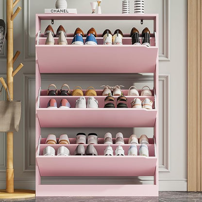 Shoe Storage Cabinet for Entryway with 3 Flip Drawers, Sturdy Wood Hidden Shoe Storage, Freestanding Narrow Slim Shoe Organizer for Front Door Entrance, Living Room, Hallway, Bedroom, Pink