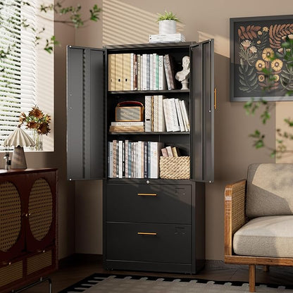 2 Drawer Lateral File Cabinet, Metal Storage Cabinet with Locking Drawers and Adjustable Shelves for Office, Home, School, Fit for A4/Letter/Legal File, Assemble Required