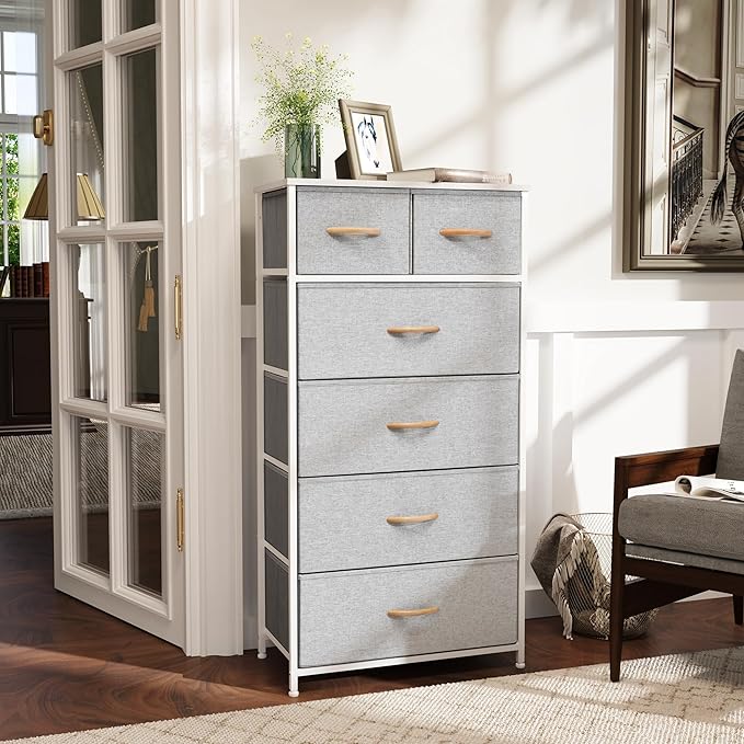 Fabric Dresser for Bedroom, Tall Skinny Dresser with 6 Drawers, Storage Organizer Tower, Steel Frame Wooden Top for Closet, Living Room, Hallway(Light Gray)