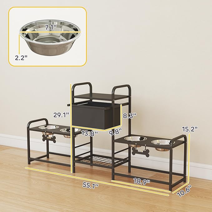 PawHut Dog Bowl Stand with 2 Feeding Stations, 3 Height Adjustable Elevated Dog Bowls with Toy Bin Basket, Lifted Food and Water Bowl, Pet Storage Organizer for Small, Medium, Large Dogs, Black