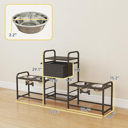 PawHut Dog Bowl Stand with 2 Feeding Stations, 3 Height Adjustable Elevated Dog Bowls with Toy Bin Basket, Lifted Food and Water Bowl, Pet Storage Organizer for Small, Medium, Large Dogs, Black