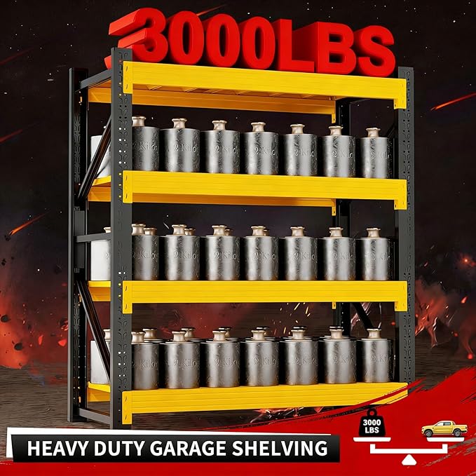 59" W Garage Storage Shelves, 3000LBS Garage Shelving Heavy Duty Adjustable Shelving Unit, 4 Tier Metal Utitly Shelves Industrial Shelving for Warehouses,Basement,Black Yellow