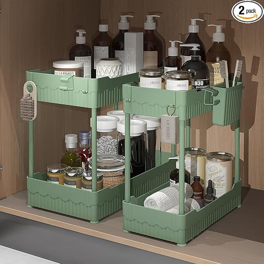 2 Pack Under Sink Organizer, Under Bathroom Cabinet Organizer with Hooks Hanging Cup, Multi-Purpose Storage Shelf for Kitchen Bathroom (Green, 12.8 Inch)