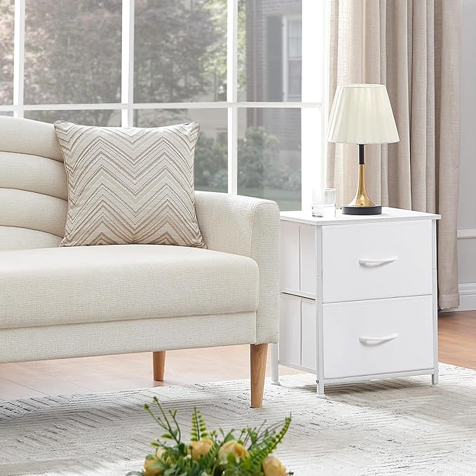 Somdot Nightstand Set of 2 with 2 Storage Drawers, Small Bedside Table End Table, Wooden Top Fabric Cabinet for Bedroom, Kids Closet, College Dorm, Entryway, White Leather