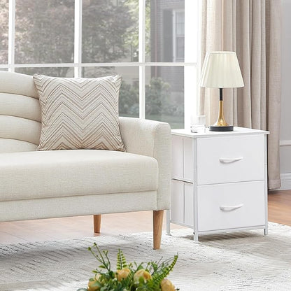 Somdot Nightstand Set of 2 with 2 Storage Drawers, Small Bedside Table End Table, Wooden Top Fabric Cabinet for Bedroom, Kids Closet, College Dorm, Entryway, White Leather